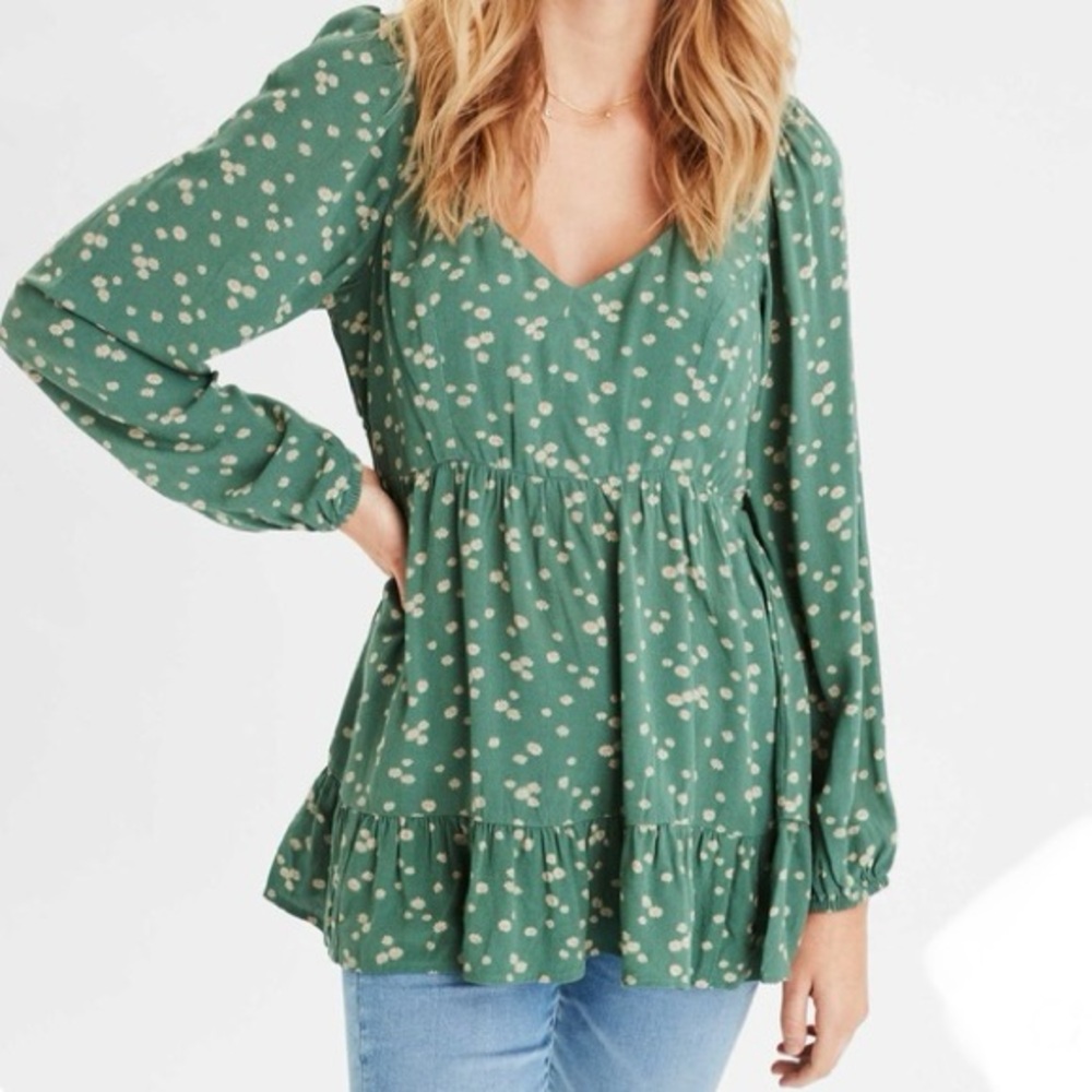 American Eagle Outfitters Green Ditsy Floral Babydoll Tunic